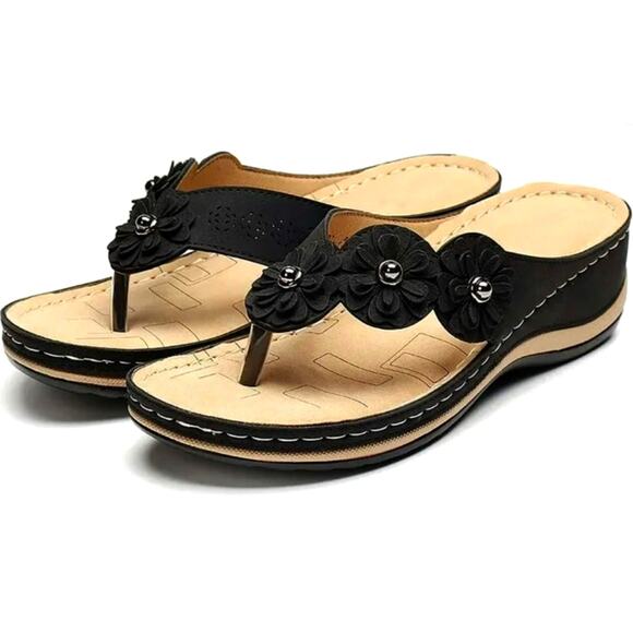 Lightweight Low Wedge Thong Sandals Black 10 - Picture 1 of 14
